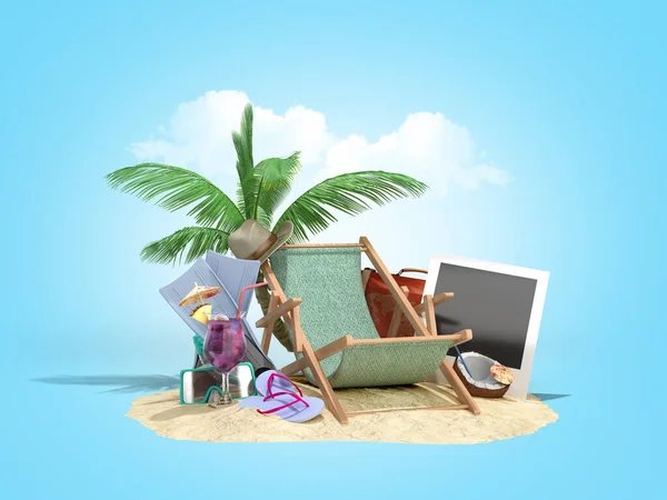 Concept Travel Tourism Lounger Sand Attributes Tourism Sand Illustration Blue — Stock Photo, Image