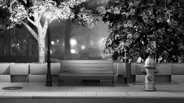 Νύχτα Δρόμο Φόντο Παγκάκι Στο Πεζοδρόμιο Καθιστούν Την Εικόνα — Φωτογραφία Αρχείου
