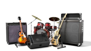 müzik enstrümanı gitarlar ve hoparlörler enstrümantal set 3D yorumlama beyaz üzerine