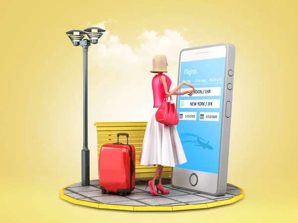 Travel Concept Cartoon Woman Suitcase Stands Next Smartphone Ticket Booking — 스톡 사진