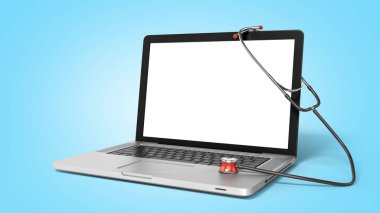 Modern konsept online tıbbi bakım dizüstü bilgisayar ve telefon beyaz ekran 3D gradyan
