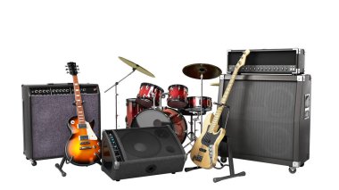 müzik enstrümanı gitarlar ve hoparlörler enstrümantal set 3D rendeleme whiye sıfır gölge