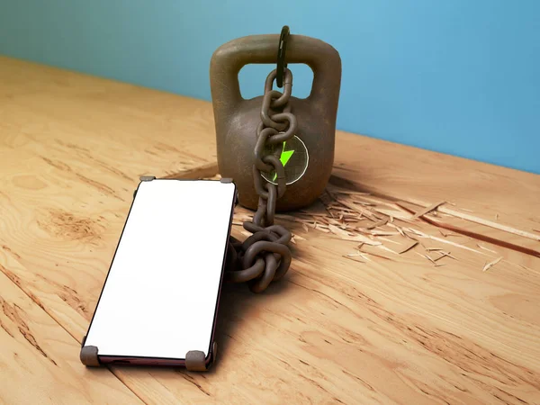Phone Attachment Concept Phone Attached Weight Chain Broken Wood Flor — Stock Photo, Image