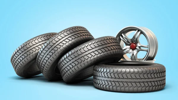 轮胎安装概念汽车车轮在堆栈中3D图解蓝色渐变 — 图库照片