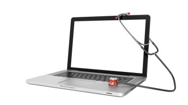 Modern konsept online tıbbi bakım dizüstü bilgisayar ve telefon beyaz ekran 3D üzerinde gölgesi yok