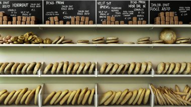 süpermarkette ekmekli raflar raflardaki farklı tipte hamur işleri 3D görüntü oluşturur