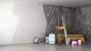 Apartman onarım araçları ve malzemeler harabe 3D görüntüleme odasında duruyor