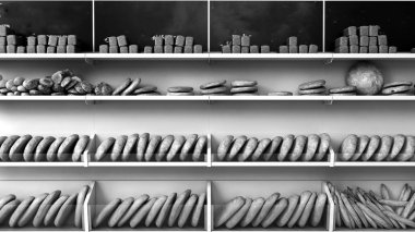 süpermarkette ekmekli raflar raflardaki farklı tipte hamur işleri 3D görüntü oluşturur