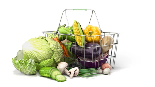 Cesta Supermercado Com Vegetais Conceito Venda Alimentos Frescos Mercearia Conjunto — Fotografia de Stock