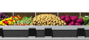 Süpermarkette raflardaki sebzeler 3 boyutlu görüntü oluşturur