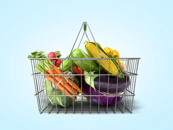 grocery basket with vegetables concept of fresh food sale 3d render on blue gradient