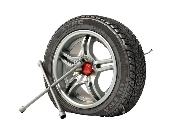 Tire Fitting Concept Wheel Punched Nail Balloon Key Next Render — Stock Photo, Image