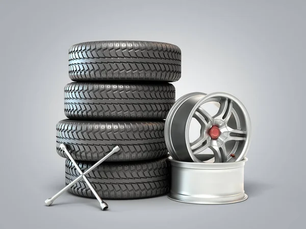 Концепція Підгонки Шин Автомобільних Коліс Стопці Ілюстрація Сірому Градієнті — стокове фото
