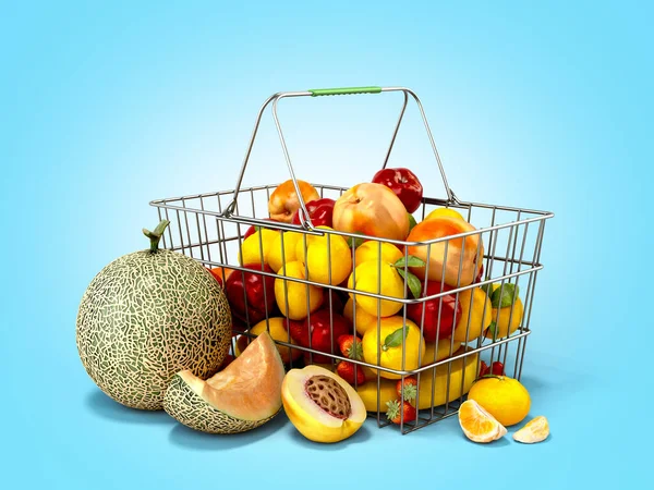 Košík Ovocem Koncept Prodeje Čerstvých Potravin Vykreslení Obraz Modré — Stock fotografie