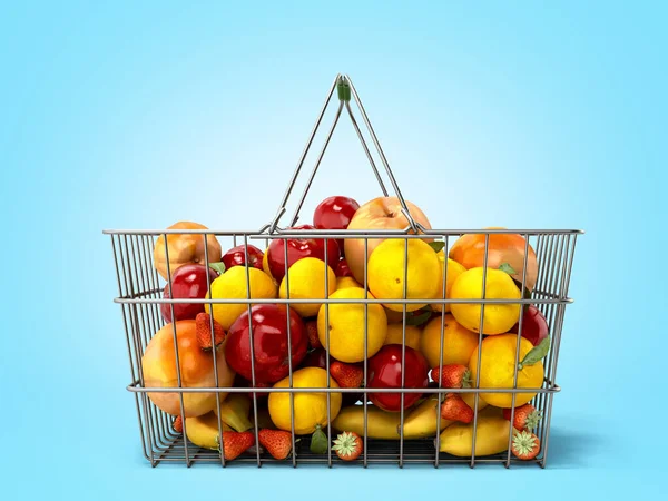 grocery basket with fruits concept of fresh food sale 3d render on blue gradient