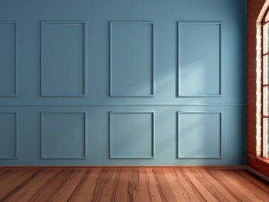 Boş parlak bir oda, penceresi ve duvarlarında güneş ışınları var.