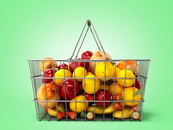 grocery basket with fruits concept of fresh food sale 3d render on green gradient