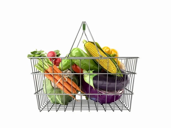 Cesta Supermercado Com Vegetais Conceito Venda Alimentos Frescos Render Branco — Fotografia de Stock