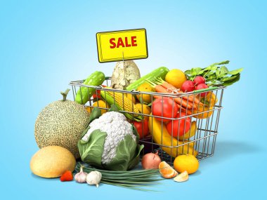 Sebze ve meyve konseptiyle market septi. Taze gıda indirimi. Mavi gradyan üzerine 3 boyutlu.