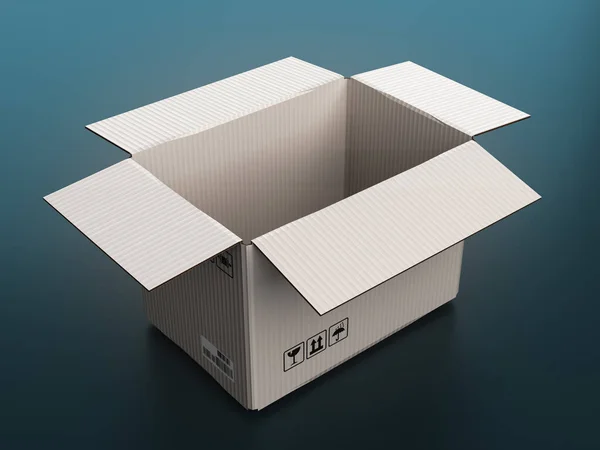 Otwórz Przezroczyste Białe Pudełko Dostawy Kartonu Renderowania Ciemnoniebieskim Tle — Zdjęcie stockowe