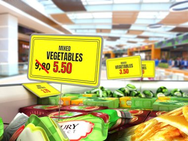 concept of reduced food prices plate with discount price tag in the fridge with vegetables 3d render on marcket background clipart