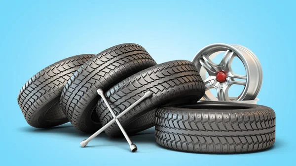 轮胎安装概念汽车车轮在堆栈中3D图解蓝色渐变 — 图库照片