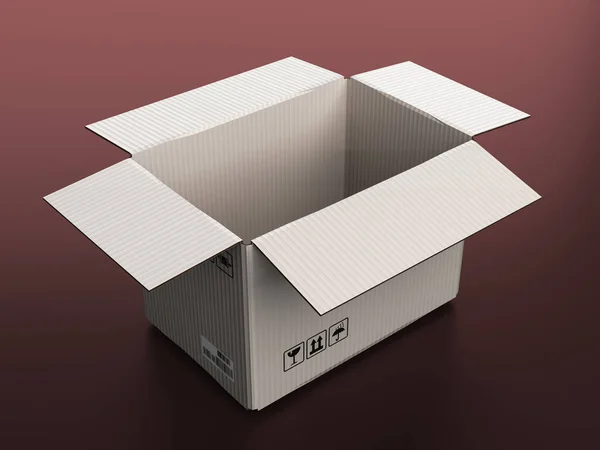 Open Clear White Cardboard Delivery Box Render Darck Red Background — Stock Photo, Image