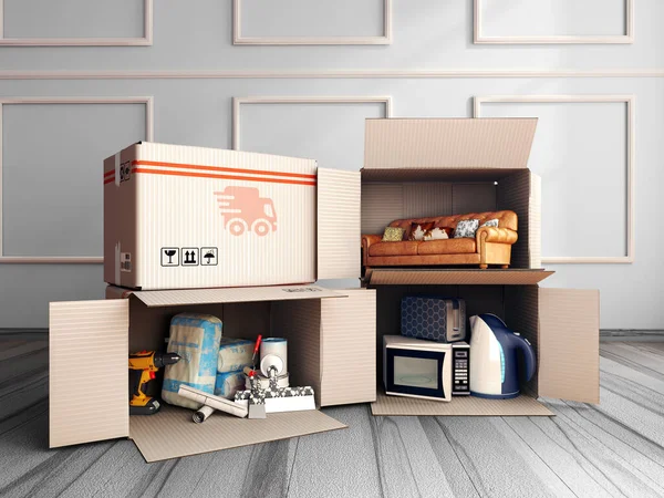 送货上门修理的概念家具和家用电器放在房间里的木地板上的打开的盒子里 — 图库照片