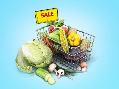Sebze konseptiyle market septi. Taze gıda satışı. Mavi gradyan üzerinde 3D görüntü.
