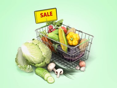 Sebze konseptiyle market septi. Taze gıda indirimi. Yeşil gradyan üzerinde 3D görüntü.