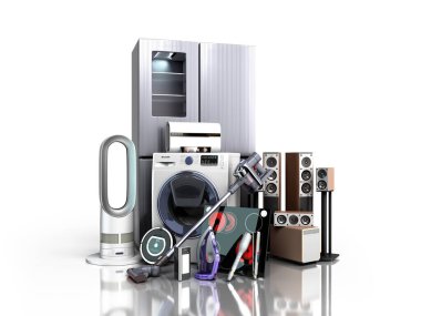 Ev aletleri E ticaret veya çevrimiçi alışveriş konsepti 3D beyaz üzerine yorumlama