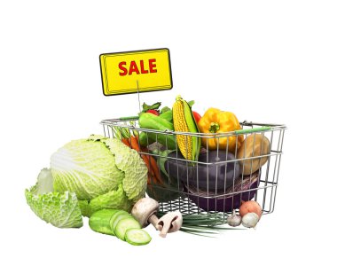 Sebze ve meyve konseptiyle market septi. Taze gıda indirimi. 3 boyutlu, gölgesiz.