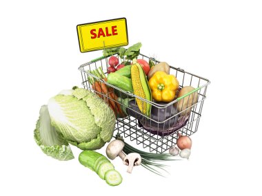 Sebze konsepti olan market septi. Taze gıda indirimi. Beyaz, gölgesiz.