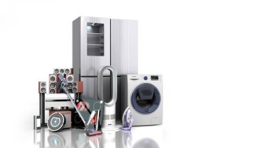 Ev aletleri E ticaret veya çevrimiçi alışveriş konsepti 3D beyaz üzerine yorumlama