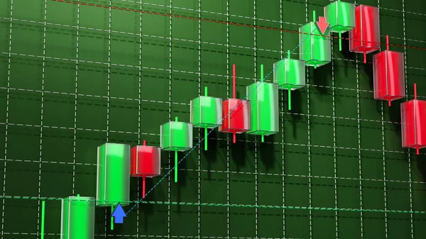 Obchodní Svícen Graf Graf Graf Akciového Trhu Vykreslení Tmavozeleném Pozadí — Stock fotografie