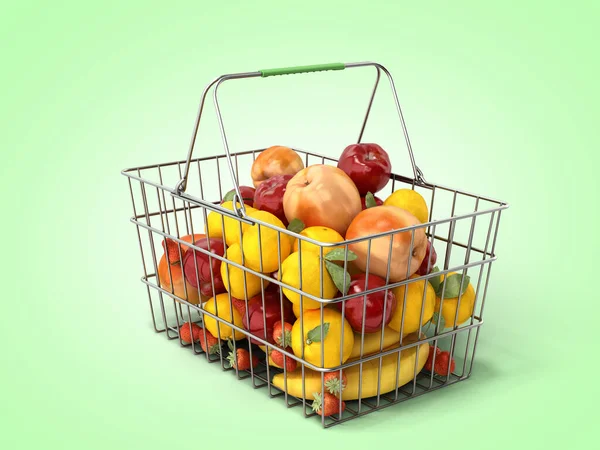 grocery basket with fruit concept of fresh food sale 3d render on green gradient