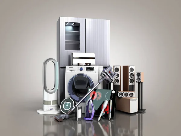 Ev aletleri E ticaret veya çevrimiçi alışveriş konsepti Gri gradyan üzerine 3D yorumlama