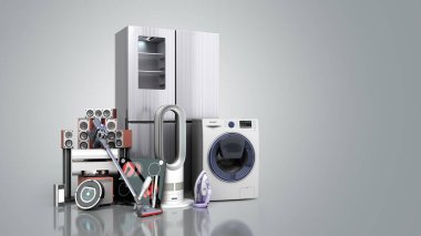 Ev aletleri E ticaret veya çevrimiçi alışveriş konsepti Gri gradyan üzerine 3D yorumlama