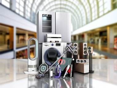 Ev aletleri E ticaret veya çevrimiçi alışveriş konsepti 3D sunum satış arkaplanı