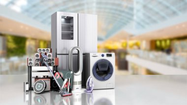 Ev aletleri E ticaret veya çevrimiçi alışveriş konsepti dükkan arka planında 3D görüntüleme