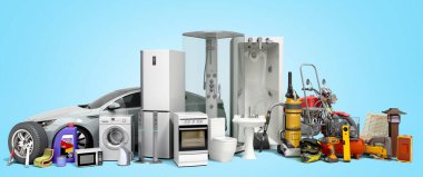 hipermarket ürünleri kavramı mavi gradyan arka planda çeşitli ürün kategorileri görmek