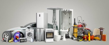 Gri gradyan arkaplanda çeşitli ürün kategorileri görmek için hipermarket ürünleri kavramı