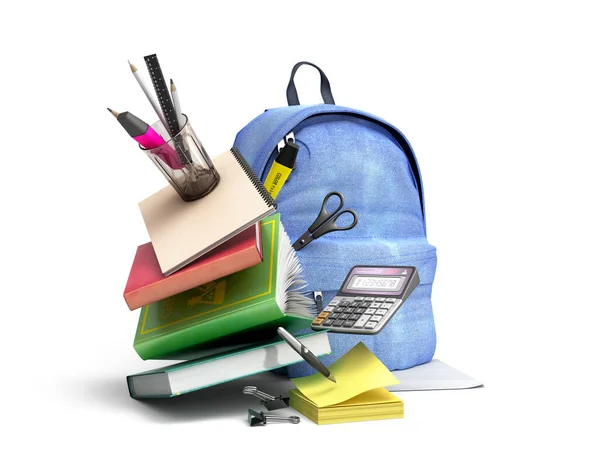Blue Backpack School Supplies Render White — Stock Photo, Image