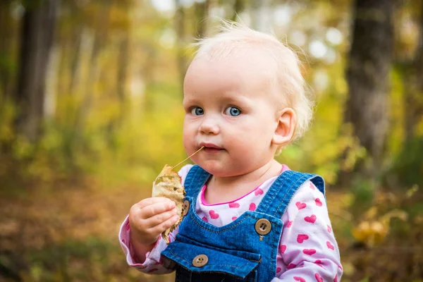 Heureux bébé fille rire et jouer en automne sur la forêt — Photo