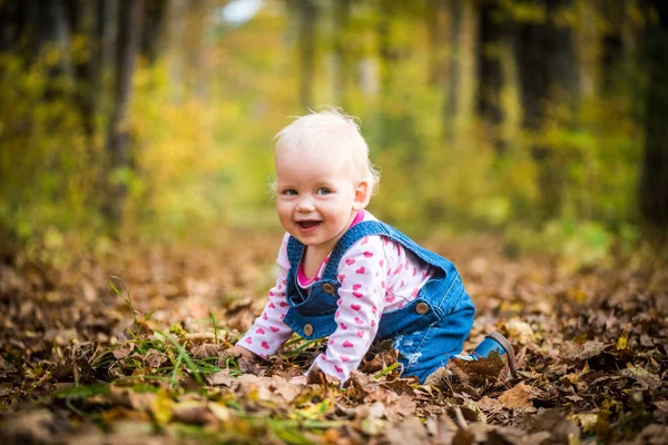 Heureux bébé fille rire et jouer en automne sur la forêt — Photo
