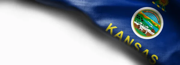 Tessuto della bandiera Kansas sfondo - bandiera su sfondo bianco - angolo in alto a destra - spazio libero copia — Foto Stock