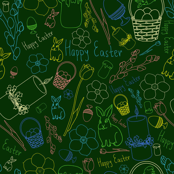 Easter linear seamless pattern with holiday symbols