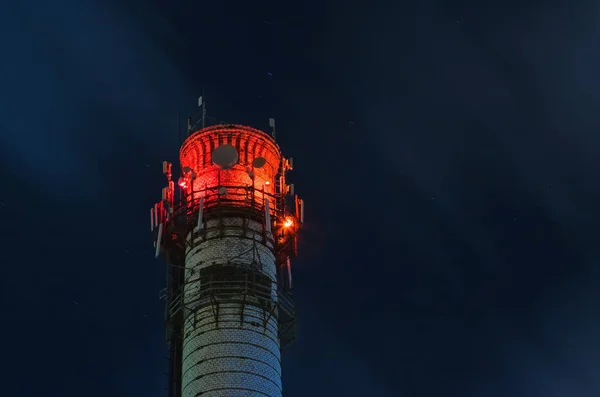 Illuminated Brick Tower Of Thermal Station At Night — Stock Photo, Image