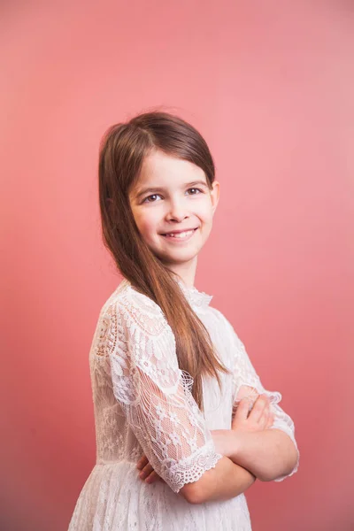 Beautiful Girl White Dress Playfully Poses Pink Background — 图库照片