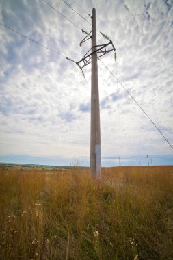 Büyük çayır ve mavi gökyüzü ile yaz manzarası, elektrik iletim hattı ile